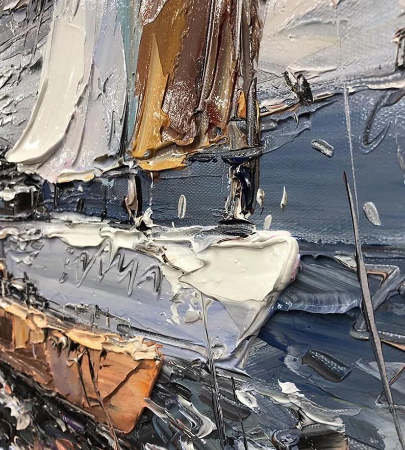 Paysage marin du port de voiliers par texture de détail de couteau à palette Peintures à l'huile